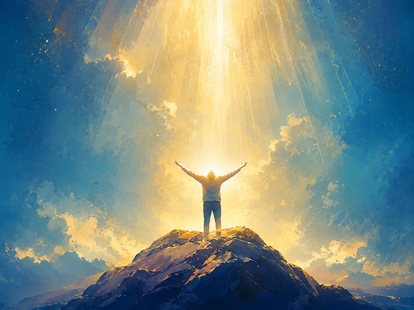 A person standing on a mountaintop with arms lifted toward the light